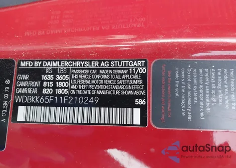 2001 Mercedes-Benz Slk 320 из США, поврежденный, VIN WDBKK65F11F210249